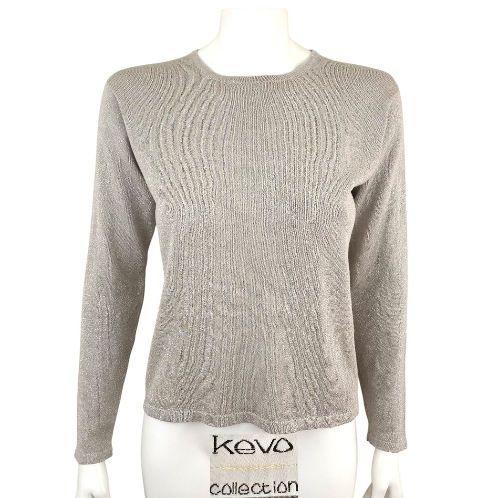 Kevo Collection Gray Silk Metallic Crew Neck Long Sleeve Sweater
